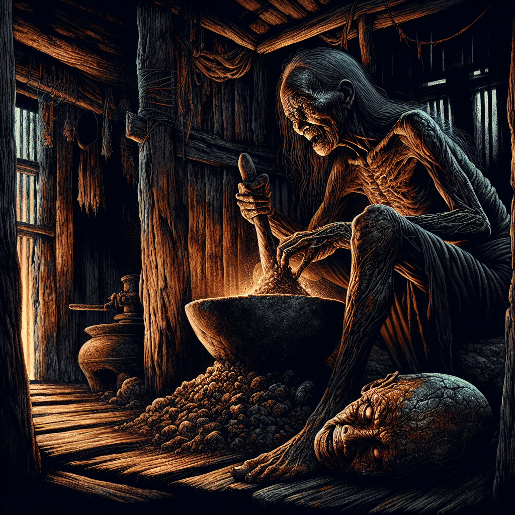 Soucouyant — skin-shedding ritual, mortar scene
